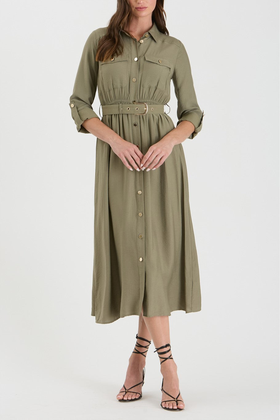 Collared Button Down Belted Midi Dress