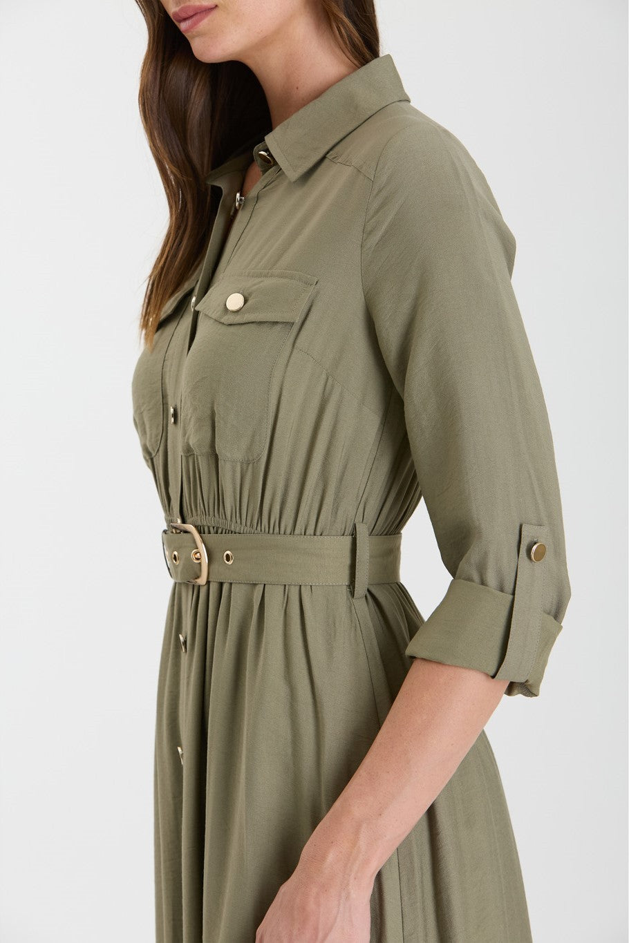 Collared Button Down Belted Midi Dress