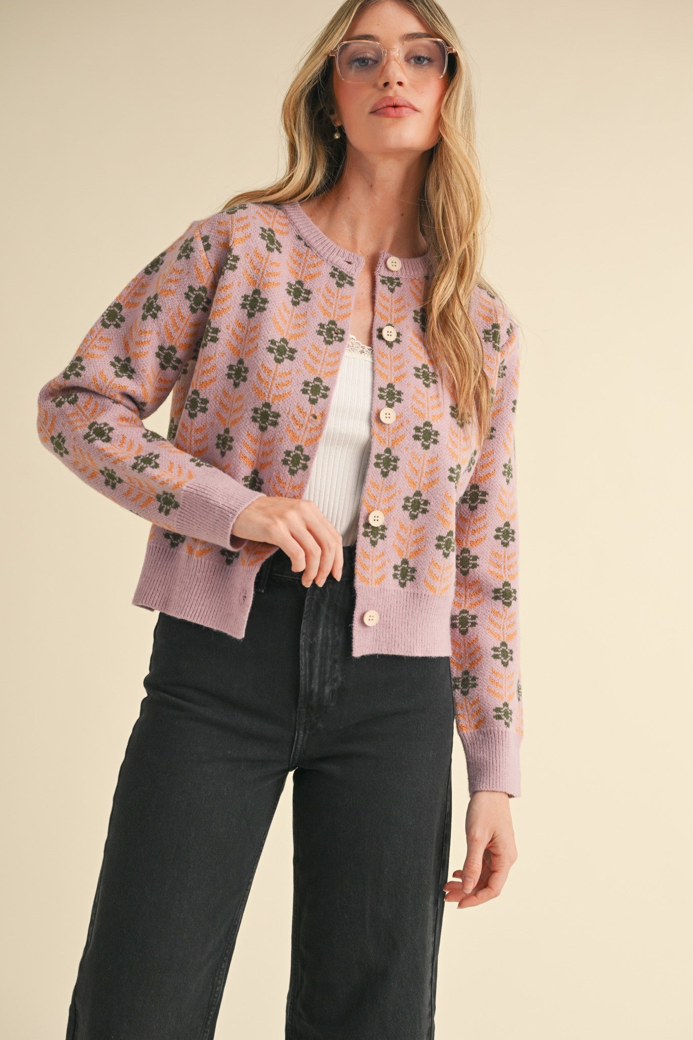 Floral Button-Up Knit Cardigan