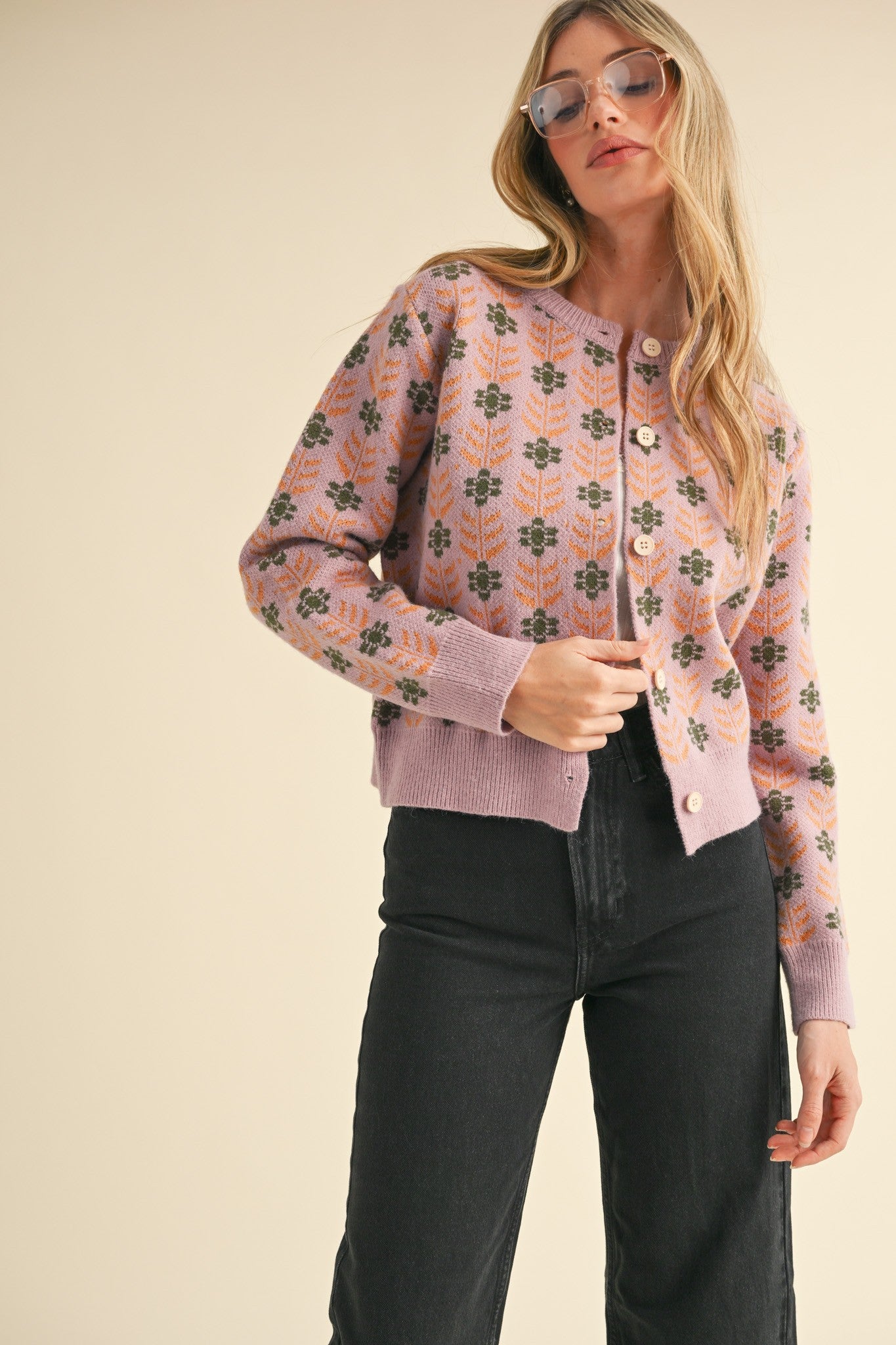 Floral Button-Up Knit Cardigan