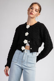 Flower Button Cropped Sweater Cardigan