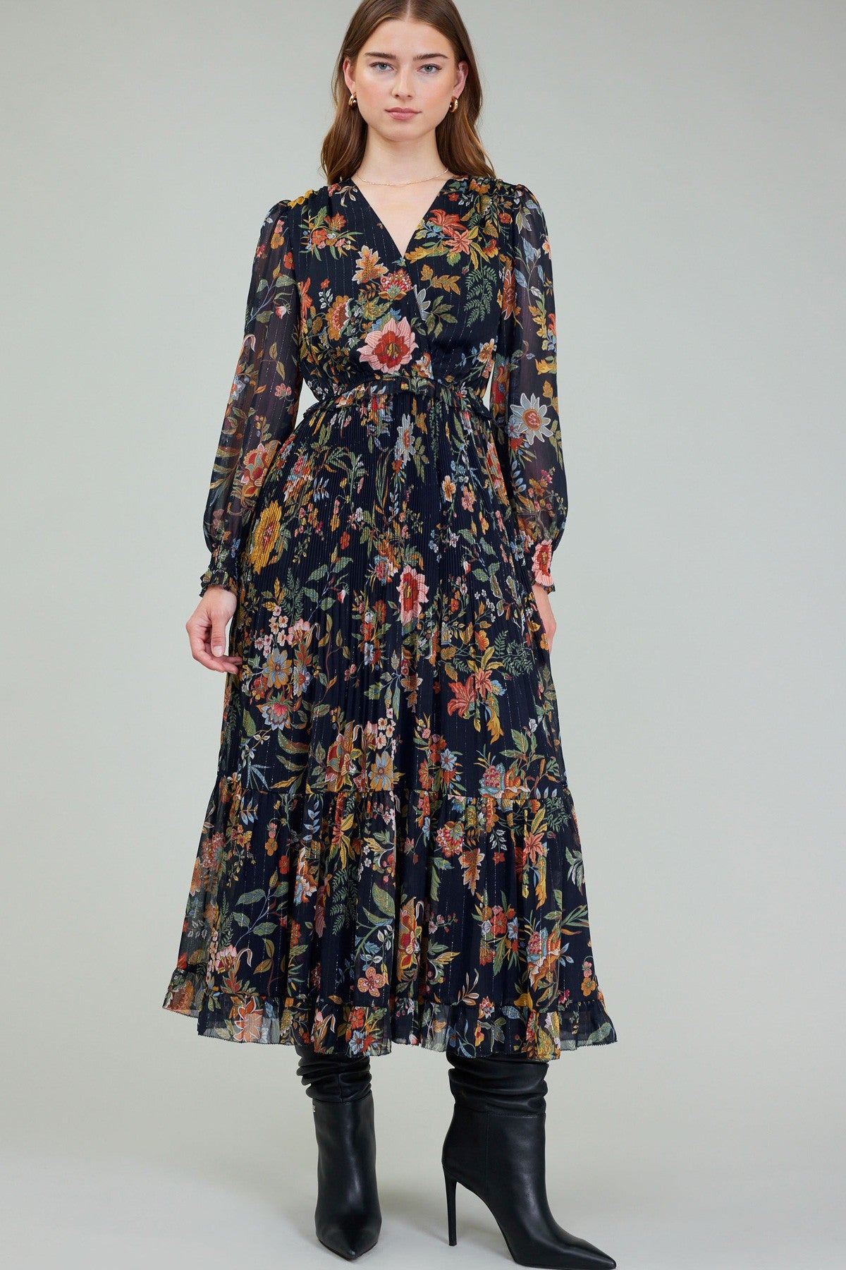 Floral Printed Chiffon Pleated Long Dress