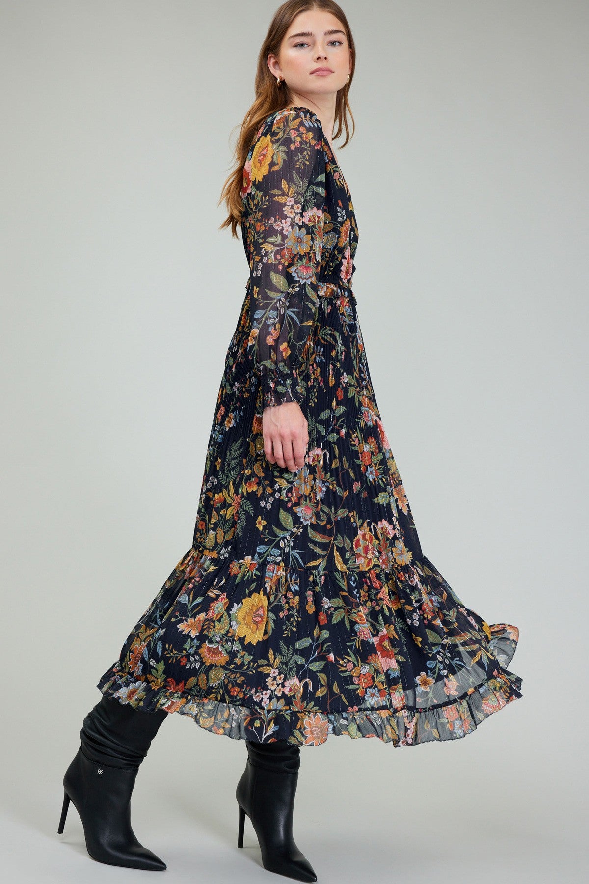 Floral Printed Chiffon Pleated Long Dress