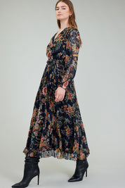 Floral Printed Chiffon Pleated Long Dress