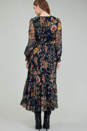 Floral Printed Chiffon Pleated Long Dress