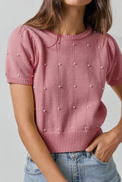 Pearl Detail Short Sleeve Sweater Top